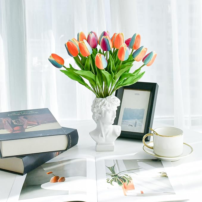 Mandy's 20pcs Artificial Rainbow Orange Tulips | 13.5 Inch Lifelike PU Tulips - Image 3