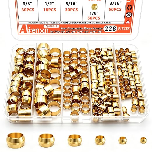228PCS Brass Compression Fittings Assortment kit, 6 Sizes Sleeves Ferrules by Aienxn