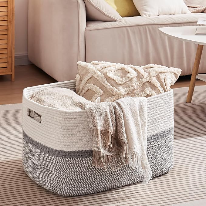 OIAHOMY Blanket Basket Laundry Basket Dog Toy Basket 75L Grey/White | Large - Image 4