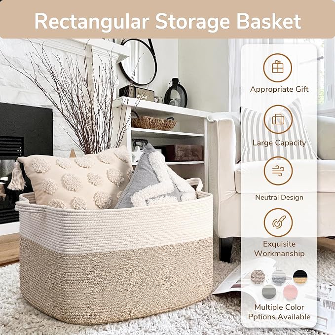 Goodpick Large Woven Blanket Basket 23.6" x 15.7" x 13.8" Cotton Rope Storage - Image 7