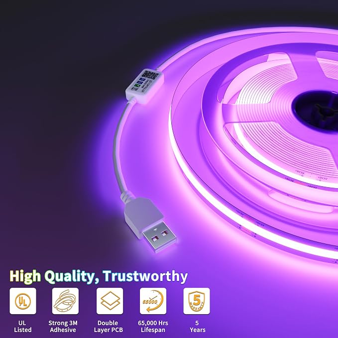 PAUTIX 5V USB RGB COB LED Strip Light 4.92ft/1.5m Color Changing Strip Lights - Image 5