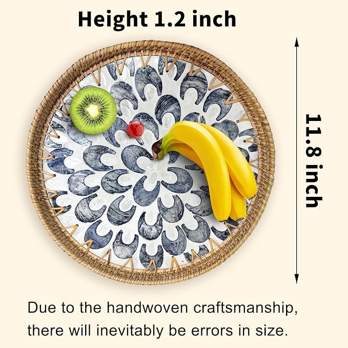 Round Rattan Tray with Mother of Pearl Inlay, Decorative Basket with Wooden Base - Image 2
