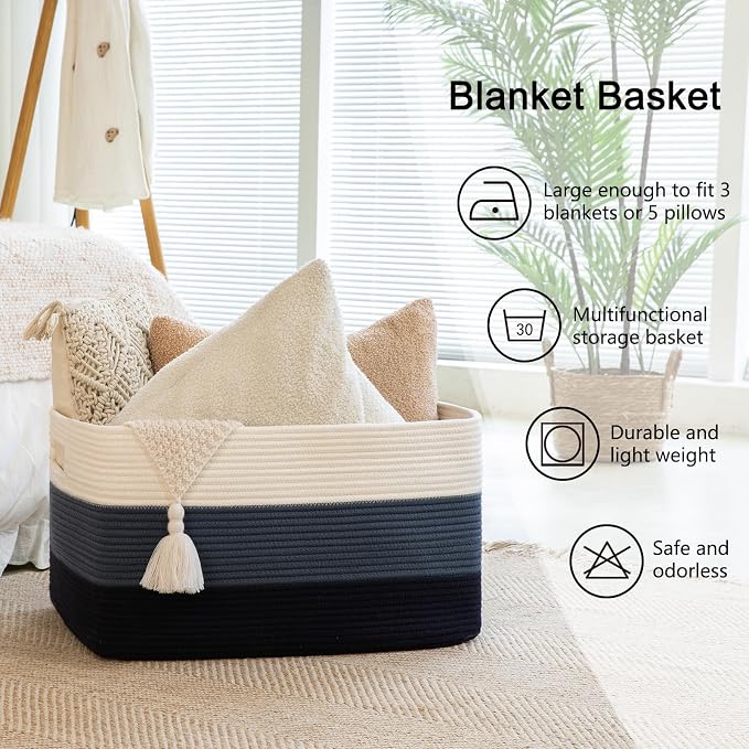 OIAHOMY Blanket Basket Laundry Basket Dog Toy Basket 108L Gradient Blue | Large - Image 6