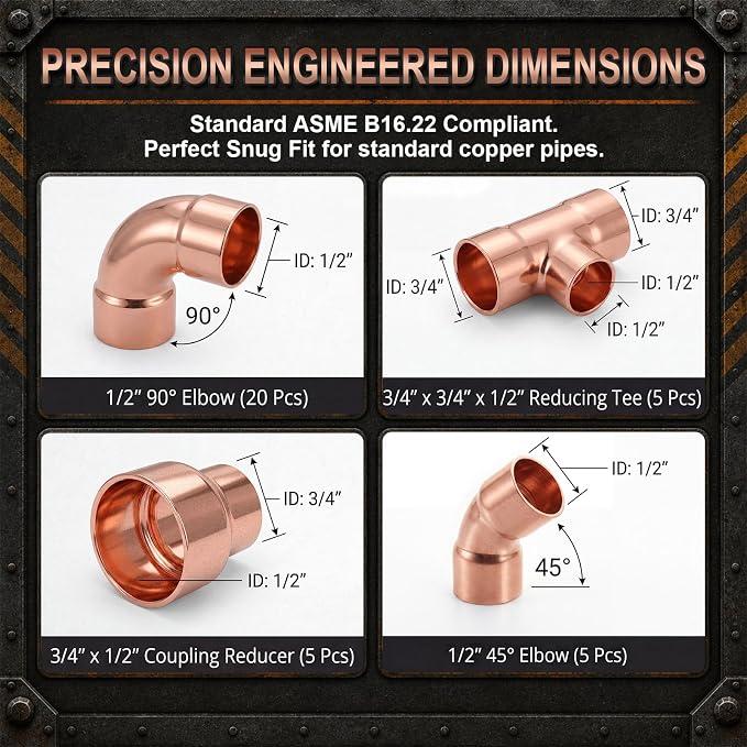 Yaocom 35 Pcs Copper Pipe Fittings Kit, 3/4" to 1/2" Plumbing Fitting Assortment - Image 3