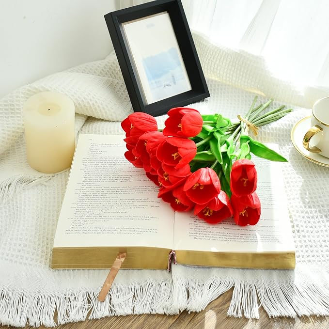 Mandy's 12pcs Artificial Red Open Tulips | 13.5 Inch Lifelike PU Tulips Faux - Image 3