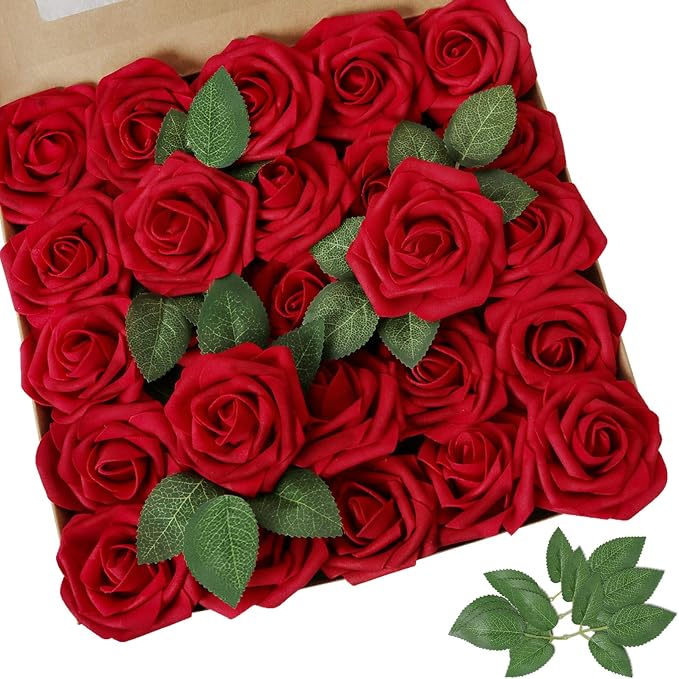 AmyHomie Dark Red Rose 25pcs Real Looking Artificial Flowers w/Stem | Bouquet by AmyHomie