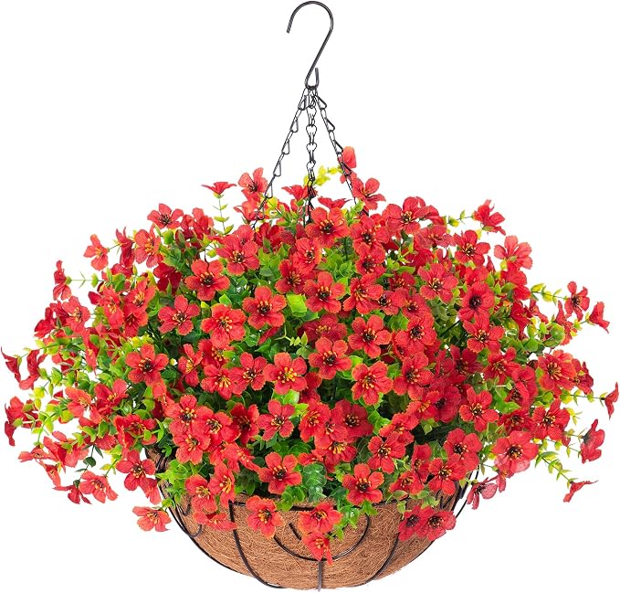 Artificial Fake Hanging Red Plants Flowers Basket by HyeFloraartificialflowers