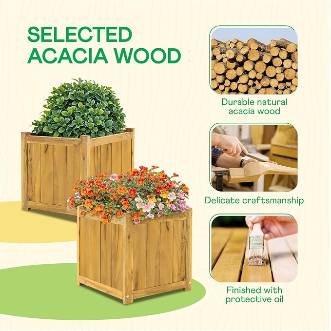 Set of 2 Acacia Wood Flower Planters - Image 5