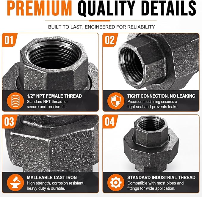 Hicarer 20 Pack 1/2" Malleable Iron Union, Female Threaded Pipe Connector - Image 3