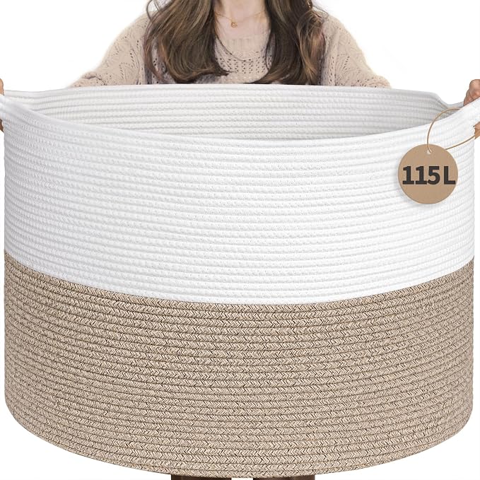 INDRESSME 115L Extra Large Woven Rope Blanket Basket Living Room LightBrown | by INDRESSME