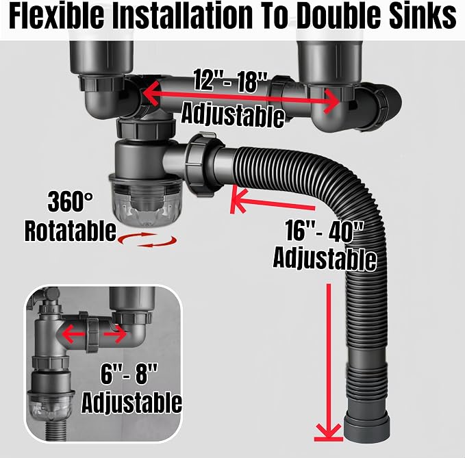 1-1/2 Inch Double Kitchen Sink Drain Kit, Anti-Odor Clear Bottle Trap - Image 2