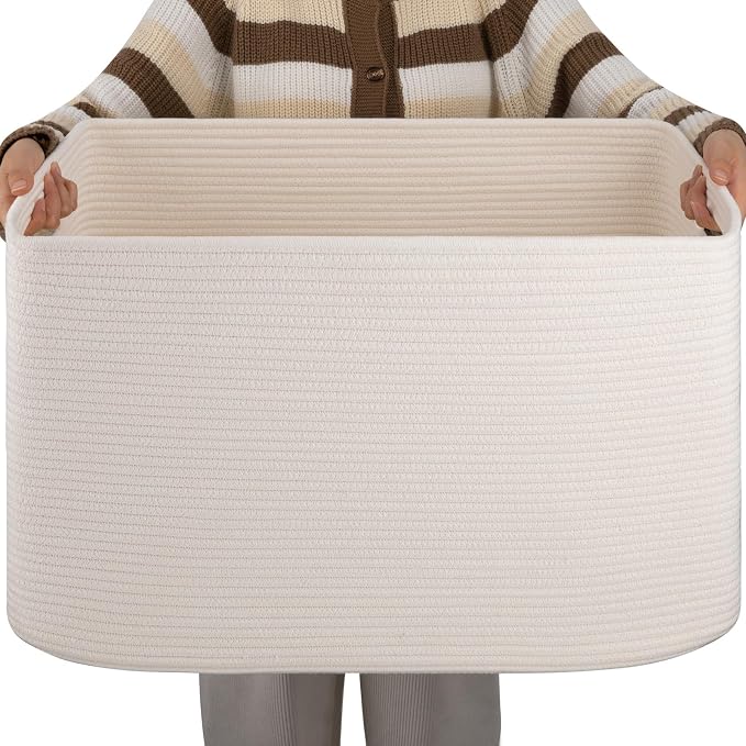 OIAHOMY XXLarge Rectangle Blanket Basket-96L, Cotton Woven Basket by MasterofSpaceOptimization