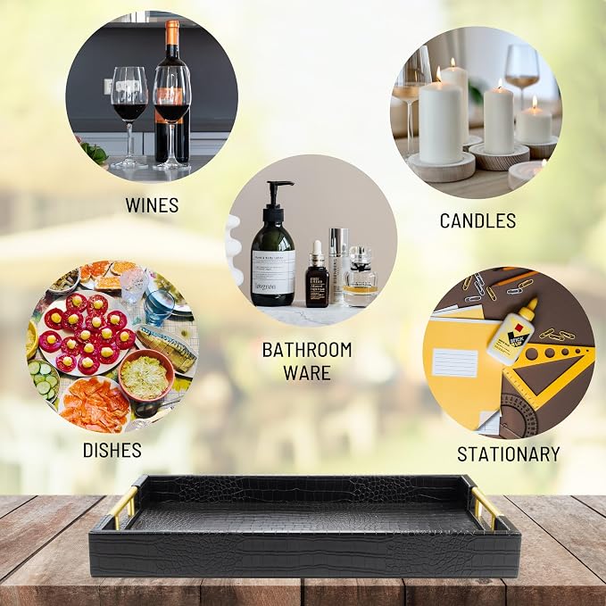 ATZYmolin 17"x12" Leather Serving Tray, Polished Metal Handles, Coffee Table - Image 5