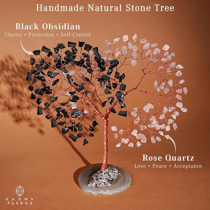 Handmade Healing Crystal Tree of Life Black Obsidian & Rose Quartz Chakra Tree - Image 2
