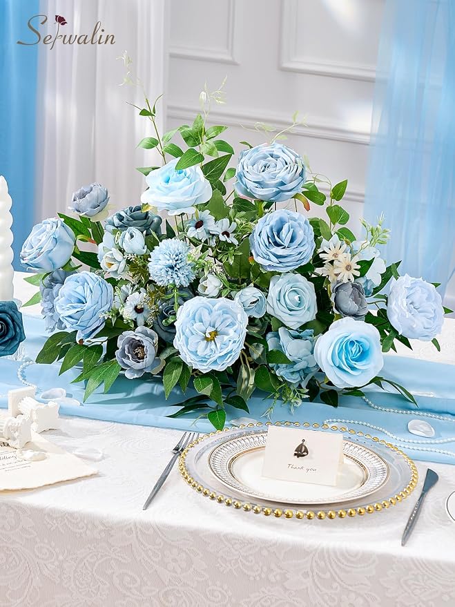 Serwalin Artificial Flowers, Light Blue Silk Fake Flowers - Image 3