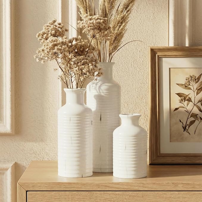 Firehold Crackle Glaze Ceramic Vase Set of 3, Decorative Flower Vases | Rustic - Image 3