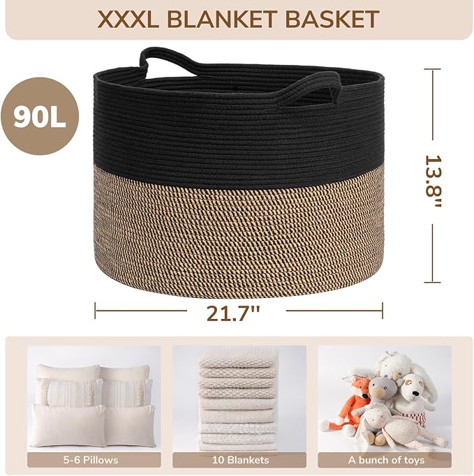 INDRESSME XXXLarge Woven Rope Blanket Basket Living Room Mix Black, 90L | 21.7" - Image 3