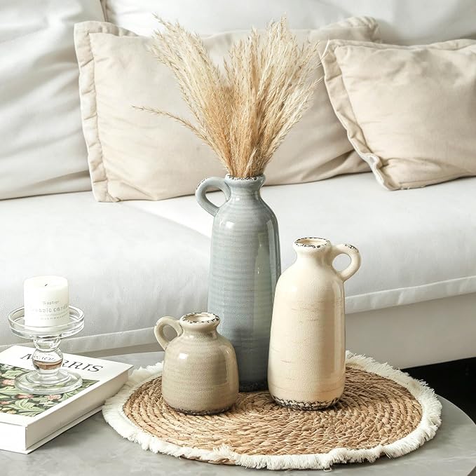 Ceramic Vases Set of 3, Neutral Rustic Farmhouse Vase - Image 6