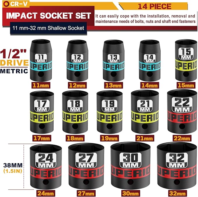 14 Piece 1/2" Drive Impact Socket Set, 11 mm-32 mm Shallow Socket, 6 Point - Image 2