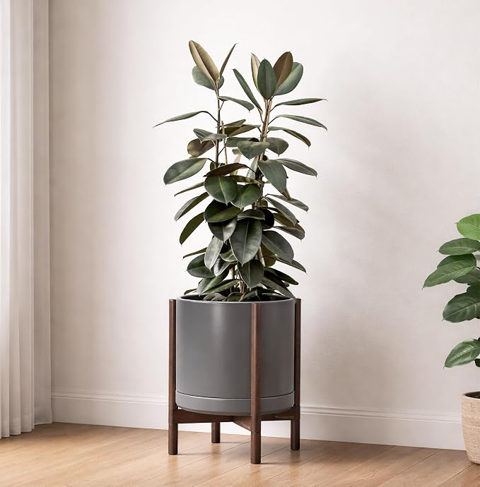 D'vine Dev Ceramic Pot with Walnut Wood Stand, 14 in, 55-B-T-3 | Mid-Century - Image 4