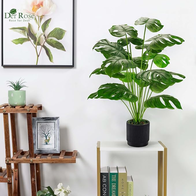 Der Rose 2 Pack 28" Fake Plants, Monstera Plants in White and Black Pots | - Image 6