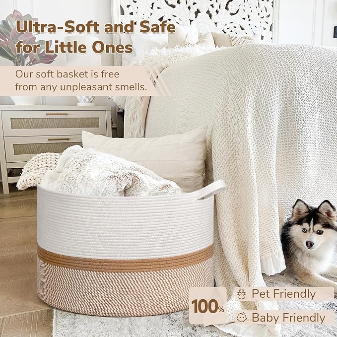 INDRESSME XXXLarge Woven Rope Blanket Basket Living Room White Camel, 90L | - Image 6