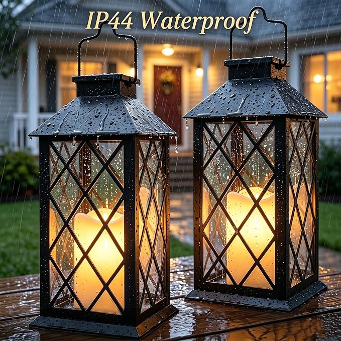 2 Pack 14" Large Tempered Glass Solar Lanterns Outdoor Waterproof | Black retro - Image 6