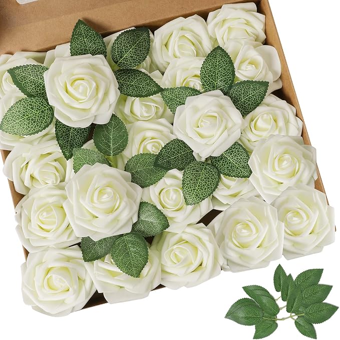 AmyHomie Ivory Rose 25pcs Real Looking Artificial Flowers w/Stem | Bouquet by AmyHomie