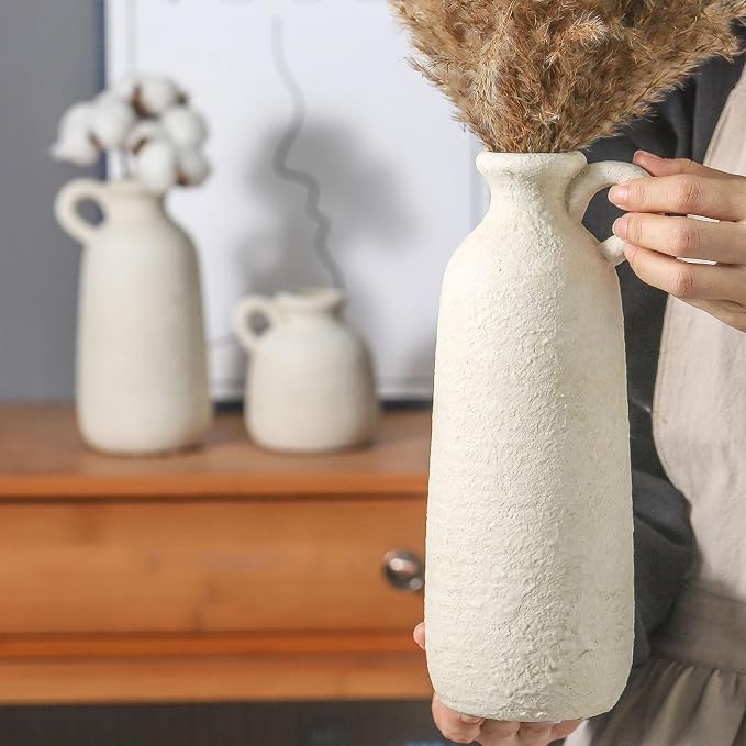 Ceramic Vase Set of 3 with Handle, Neutral Rustic Vases Home Decor Farmhouse - Image 3