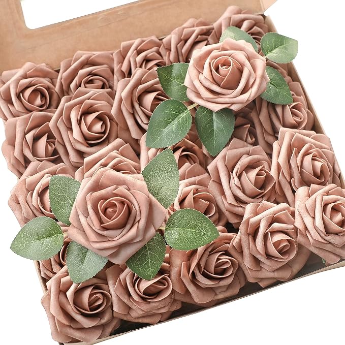Artificial Flowers 25pcs Real Looking Warm Taupe Foam Fake Roses by Floroom
