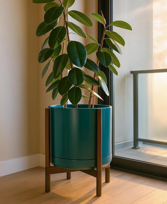 D'vine Dev Ceramic Pot with Walnut Wood Stand, 14 in, 55-B-T-4 | Mid-Century - Image 2