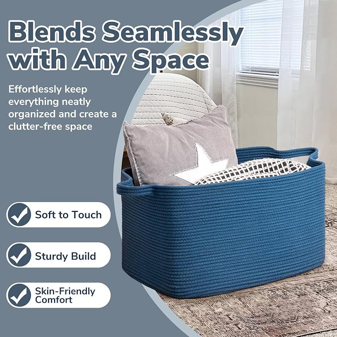 Goodpick Large Woven Rope Blanket Basket, Dark Blue | 21.6'' x 14.9'' x 11.8'' - Image 5