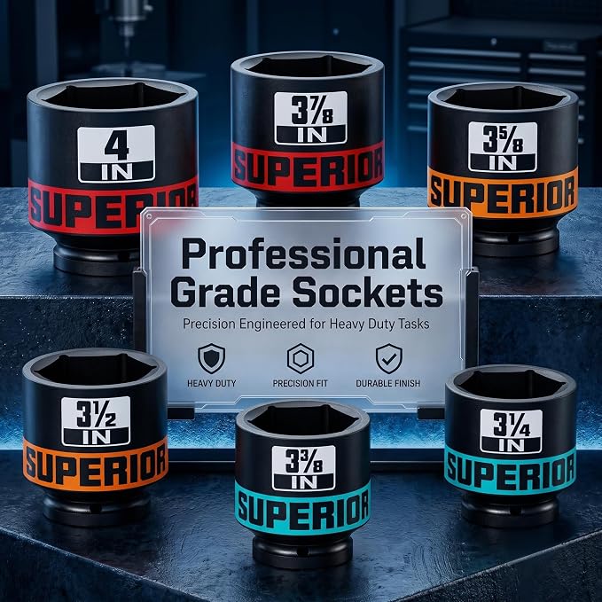 6 Piece 1”Drive Shallow Impact Socket Set, 3-1/4”-4”Axle Nut Sockets, 6 Point - Image 2