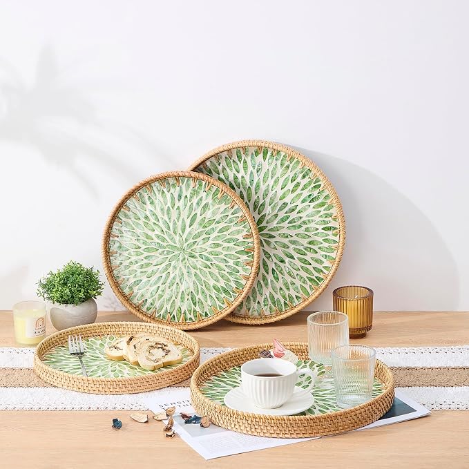 Round Rattan Tray with Mother of Pearl Inlay, Rattan Serving Tray with Wooden - Image 5