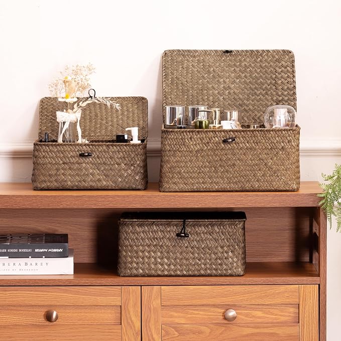 Nonam Small Wicker Basket with Lid, Seagrass Shelf Storage Basket, Coffee | - Image 7