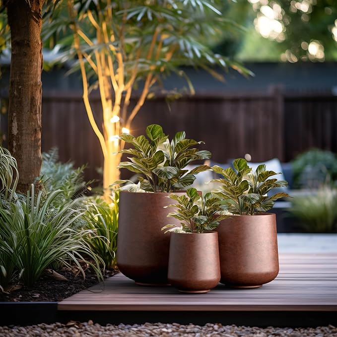 Kante Set of 3 Rusty Concrete Curved Planters 16.5" 13" 9.4" Dia | Drainage - Image 3