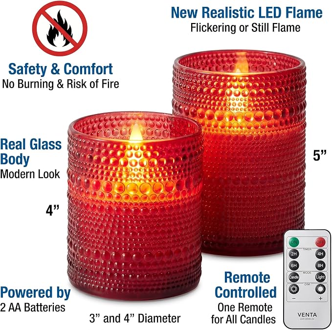 VENTA Set of 2 Red Glass Flameless Candles - Image 2