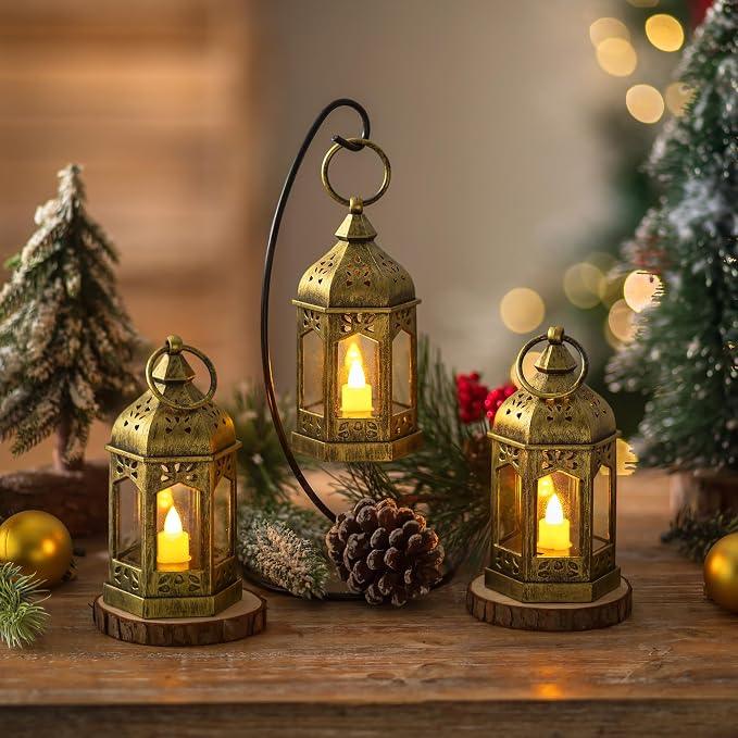Mini Lantern with Flickering LED Candles Set of 20, Hewory Gold Vintage - Image 5