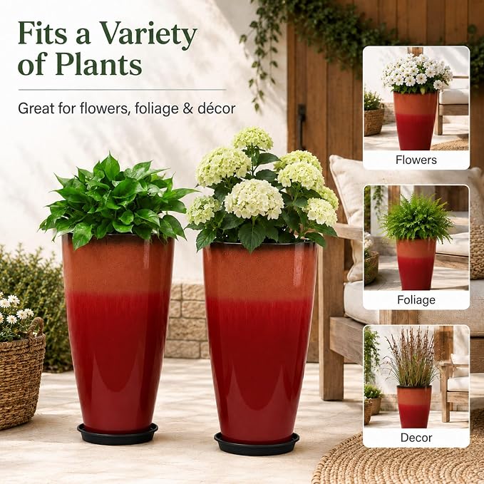 Neoaider Set of 2 Tall Planter, 21 inch Large Plastic Planter, Firey Red | - Image 7
