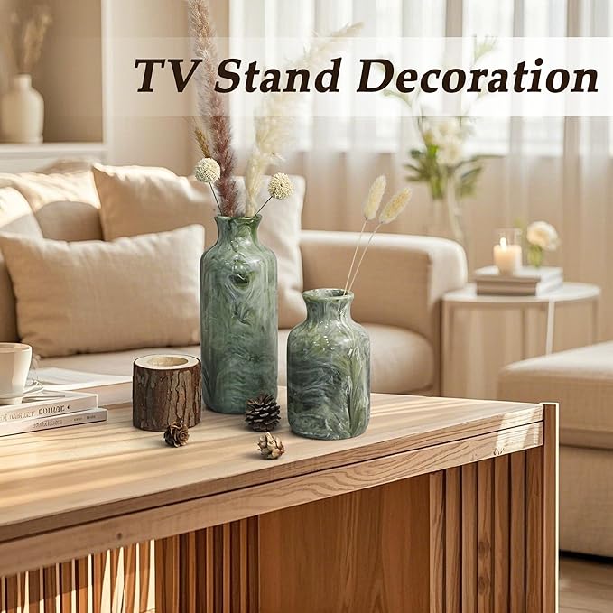Resin 3 Piece Decorative Vase Set, Sage Green Farmhouse Home Decor | Rustic - Image 5
