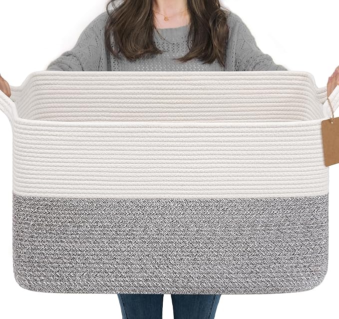 Goodpick 75L Extra Large Woven Rope Blanket Basket, Light Gray | 22" × 17" × by Goodpick