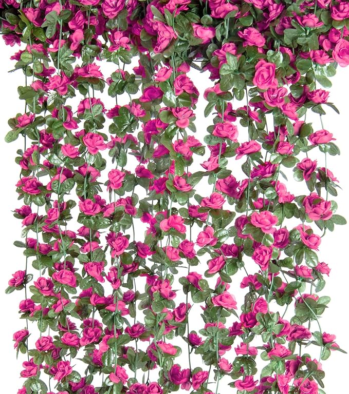 6Pcs x 8.2FT Artificial Flower Garland Rose Vine Decor, Magenta Flower | by PONKING