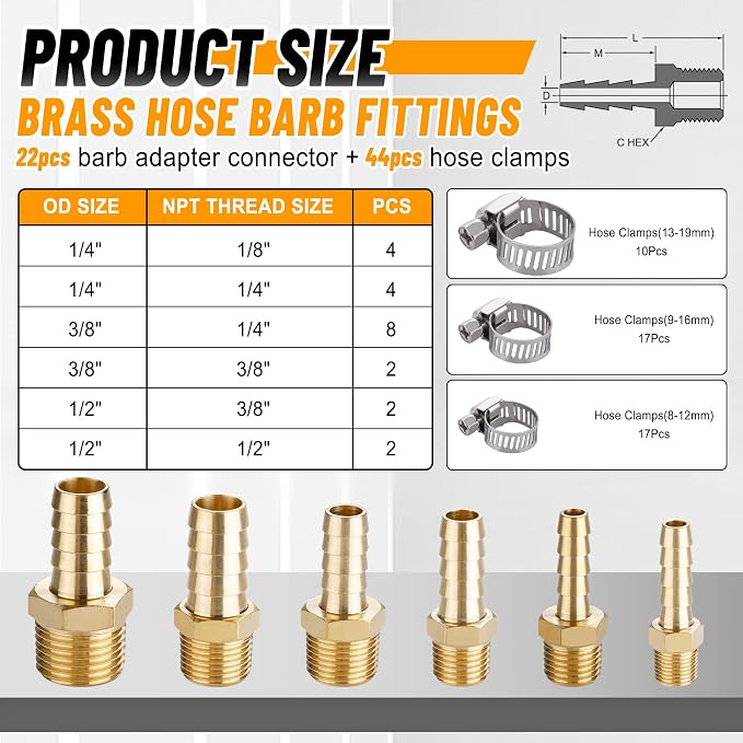 22Pcs Brass Hose Barb Fittings Male Pipe Adapter Kit - Image 2