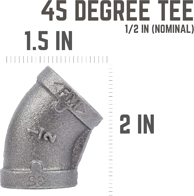 1/2" Elbow 45 Degree Fitting, PIPE DECOR Black Malleable Iron Fittings Fit - Image 2