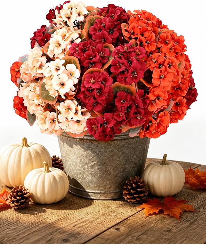 Artificial Fall Flowers for Outdoors, 6 Bundles Faux Geraniums | UV-Resistant by Unknown