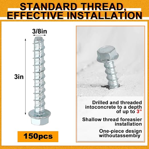 Hicarer 150 Pack 3/8 x 3 Inch Concrete Screws Galvanized Concrete Anchors | 3/8 - Image 2