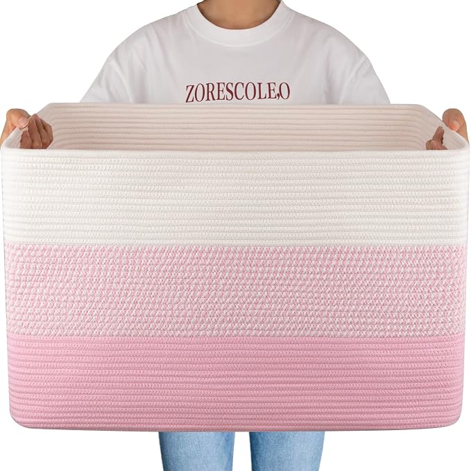 OIAHOMY 108L Extra Large Blanket Basket Dog Toy Basket Pink&White | Rectangle by MasterofSpaceOptimization