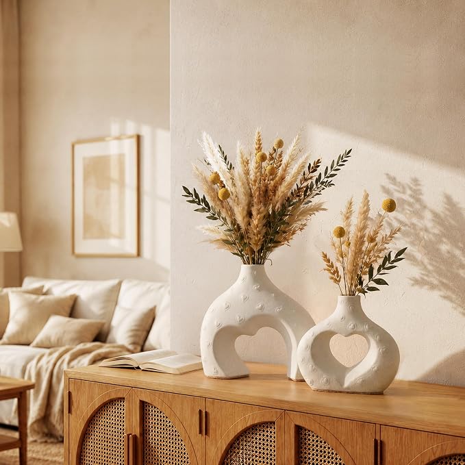 White Ceramic Flower Vases Table Decor Heart Shaped Vase Set of 2 | Nordic - Image 5