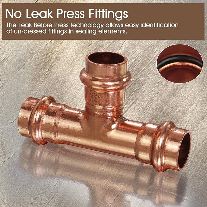 Copper Press Fittings 1/2 Inch Copper Press Tee Coupling 12PK, Zero Lead | - Image 4