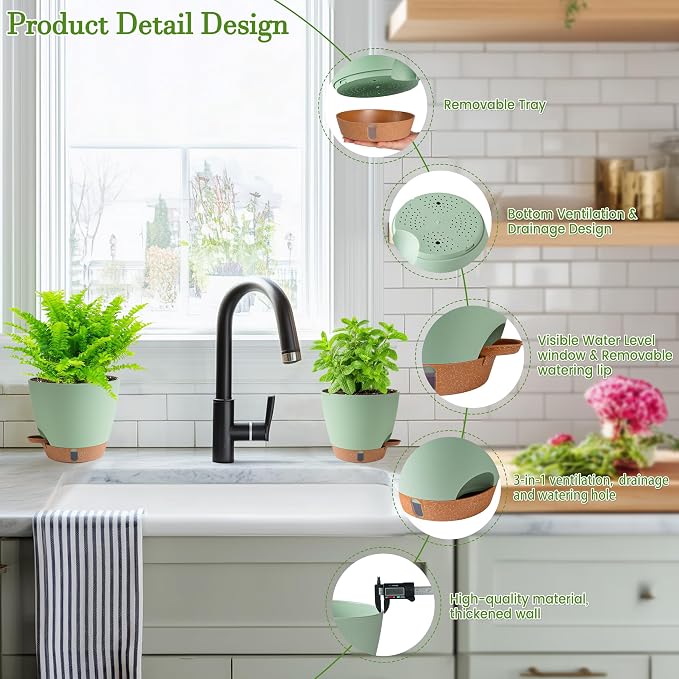 Self Watering Pots for Inoor Ourdoor Plants 10/9/8/7/6.5 Inch, 5 Pack | Plastic - Image 5